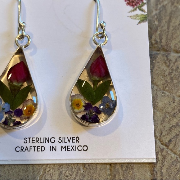 Genuine Flowers Pressed Flowers Sterling Silver Drop Earrings NWT - Picture 2 of 6